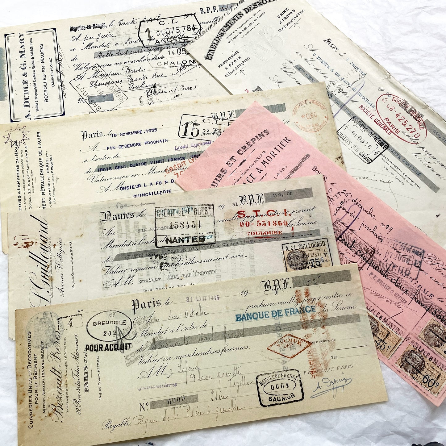 1930s - Lot of 6 Vintage French Bills of Exchange – Handwritten Commercial Documents with Stamps