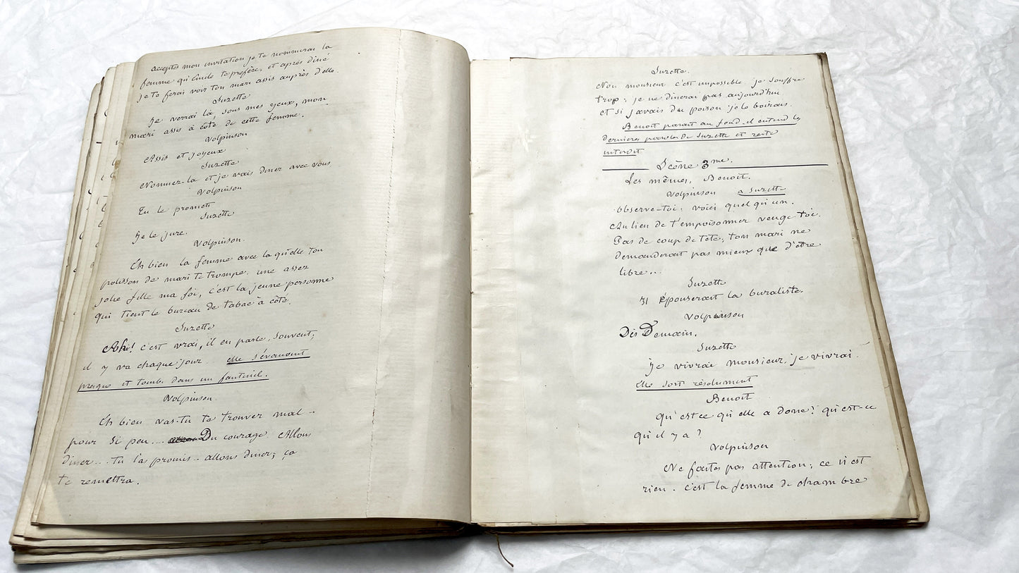 Late 19th - 150 Pages Original French Play Manuscript - L'Amie de Pension - Hand-Copied Theatrical Script - Historic Comedy in Prose