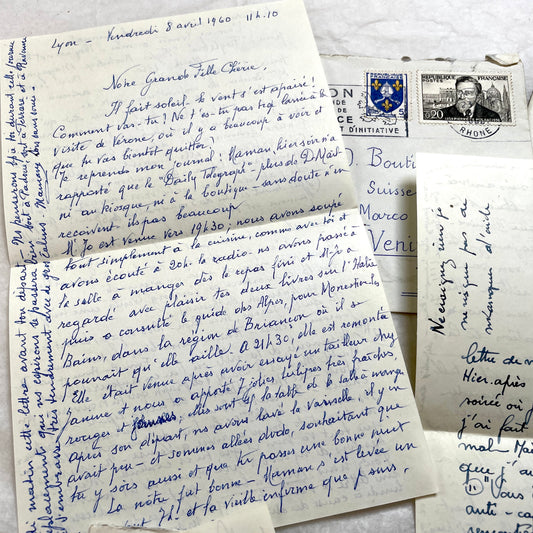 Set of 5 1950s French handwritten letters with envelopes and postage stamps, vintage paper ephemera.