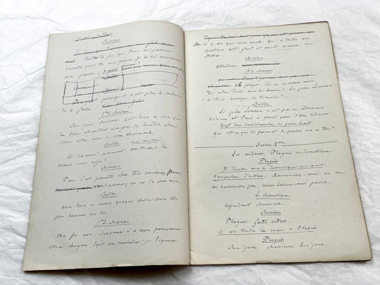 Late 19th - 24-Page French handwritten theater manuscript – Original play with dialogues and author revisionst - Vintage Handwritten Theatre