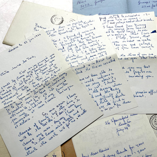 Set of 1960s handwritten letters and envelopes with vintage stamps and postmarks, displaying English and French text.