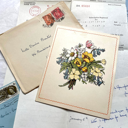 1960s set of five handwritten English letters with envelopes, featuring British postmarks and French address.