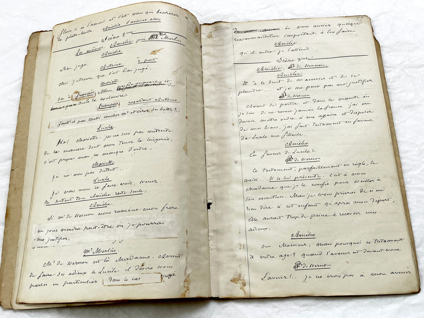 Mid 19th – 28-page literary draft with dialogues and author revisions - French handwritten theater manuscript – Antique Handwritten Draft