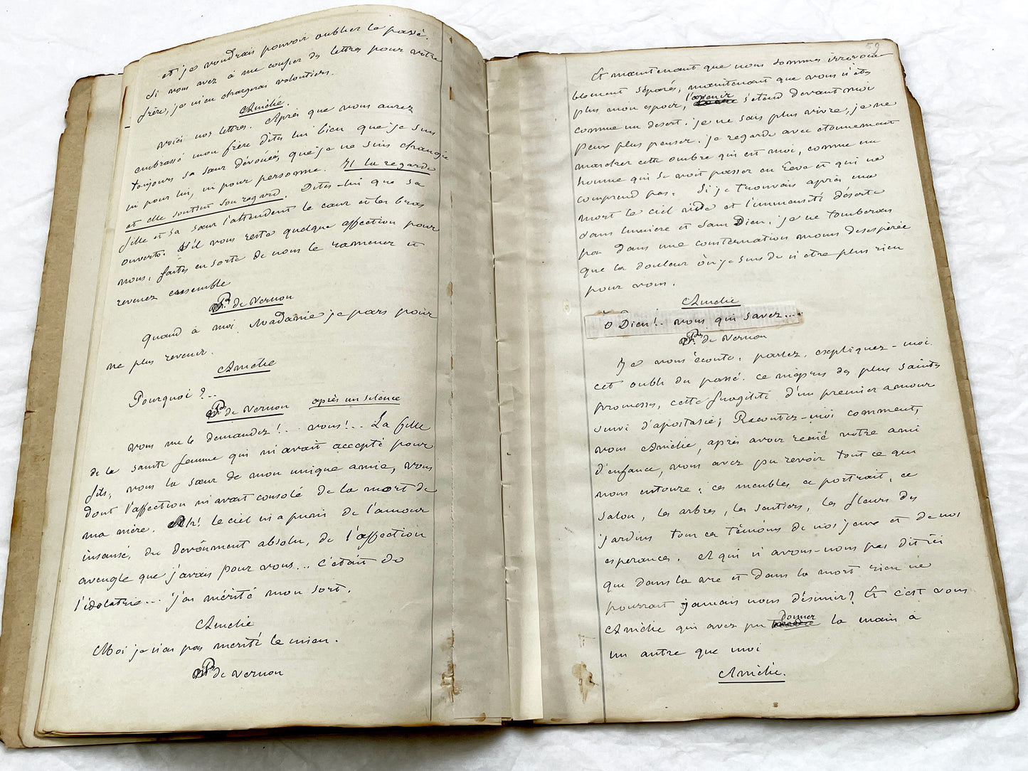 Mid 19th – 28-page literary draft with dialogues and author revisions - French handwritten theater manuscript – Antique Handwritten Draft