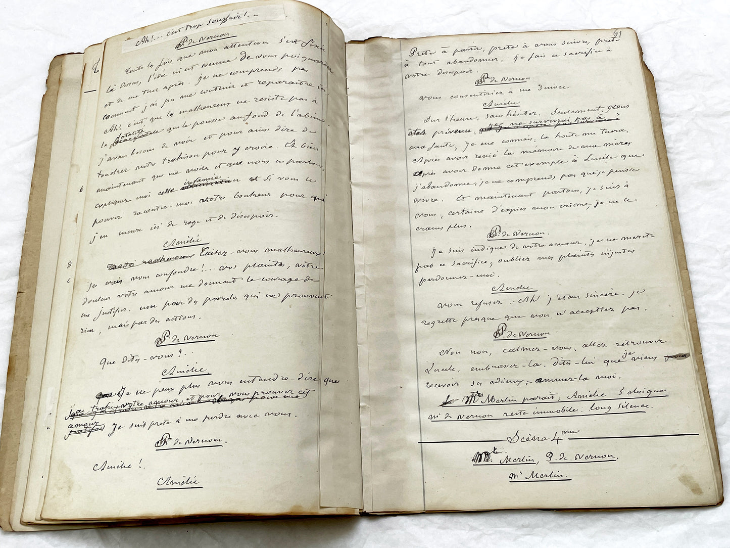 Mid 19th – 28-page literary draft with dialogues and author revisions - French handwritten theater manuscript – Antique Handwritten Draft