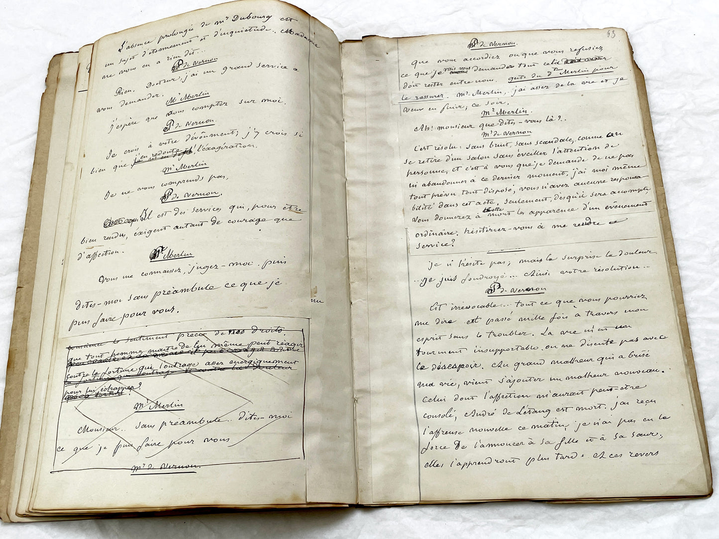 Mid 19th – 28-page literary draft with dialogues and author revisions - French handwritten theater manuscript – Antique Handwritten Draft