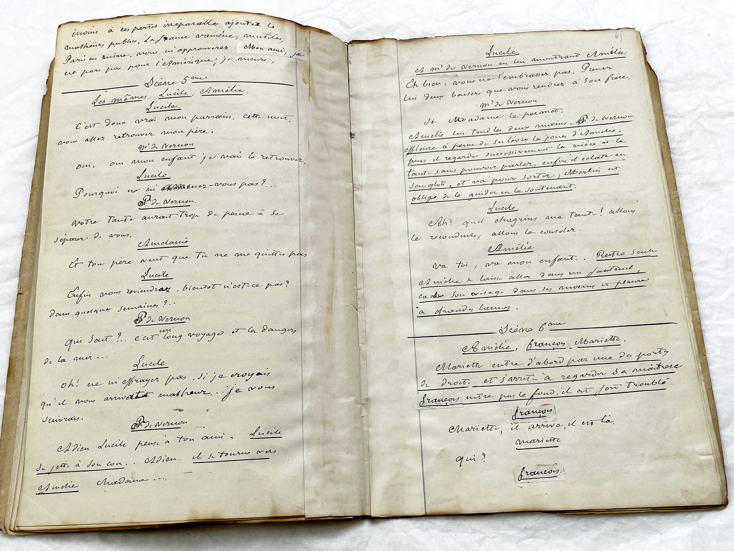 Mid 19th – 28-page literary draft with dialogues and author revisions - French handwritten theater manuscript – Antique Handwritten Draft
