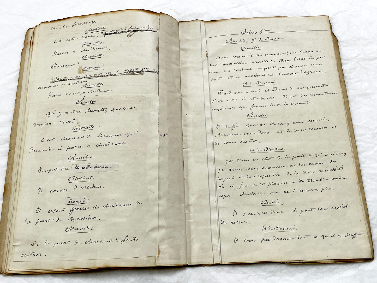 Mid 19th – 28-page literary draft with dialogues and author revisions - French handwritten theater manuscript – Antique Handwritten Draft