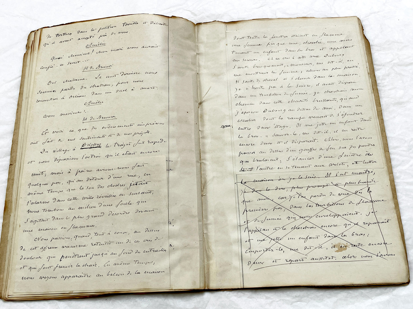 Mid 19th – 28-page literary draft with dialogues and author revisions - French handwritten theater manuscript – Antique Handwritten Draft