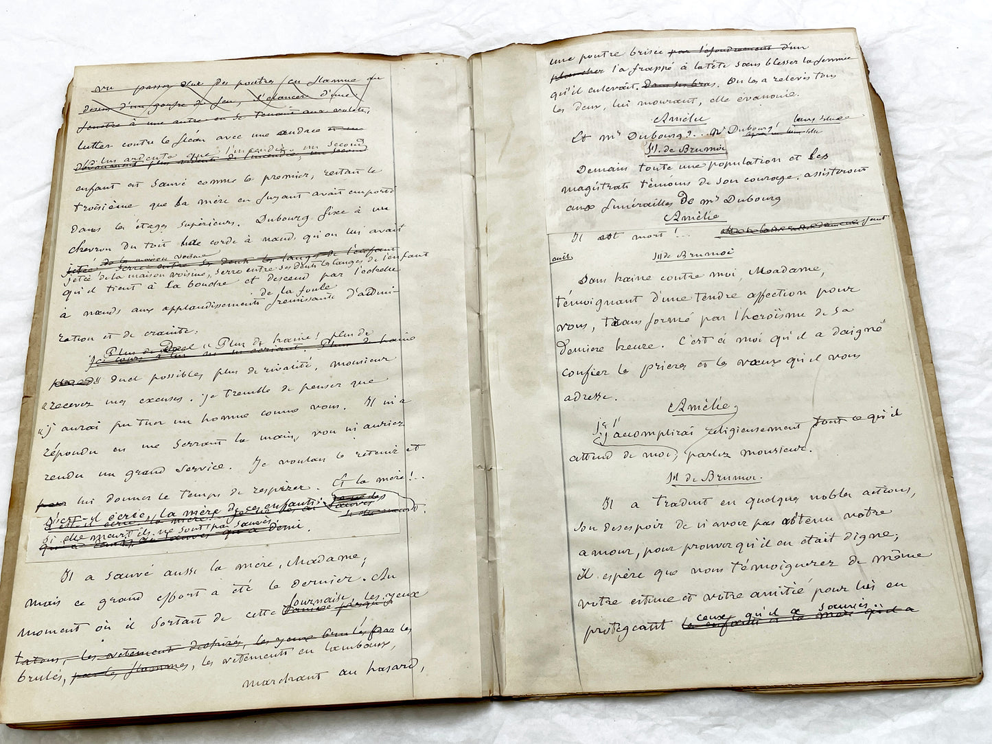 Mid 19th – 28-page literary draft with dialogues and author revisions - French handwritten theater manuscript – Antique Handwritten Draft