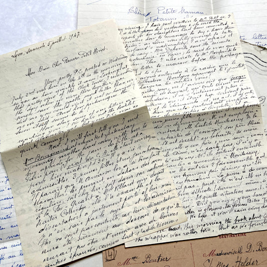 1940s French handwritten letters set with original envelopes and vintage stamps, showing historical correspondence.