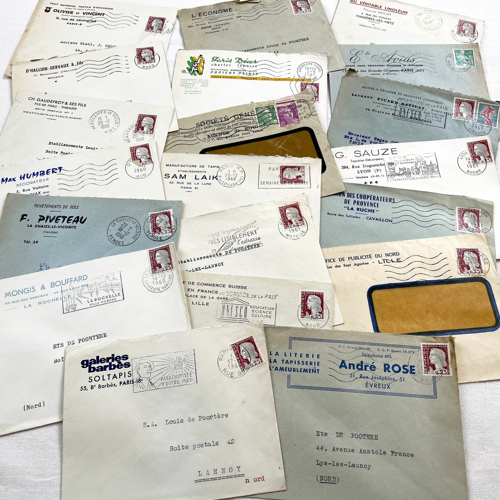 1950s - Lot of 20 Vintage French Business Envelopes – 1950s/1960s Ephemera for Junk Journals, Collage & Paper Crafts