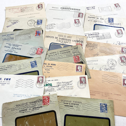 1950s - Lot of 20 Vintage French Business Envelopes – 1950s/1960s Ephemera for Junk Journals, Collage & Paper Crafts