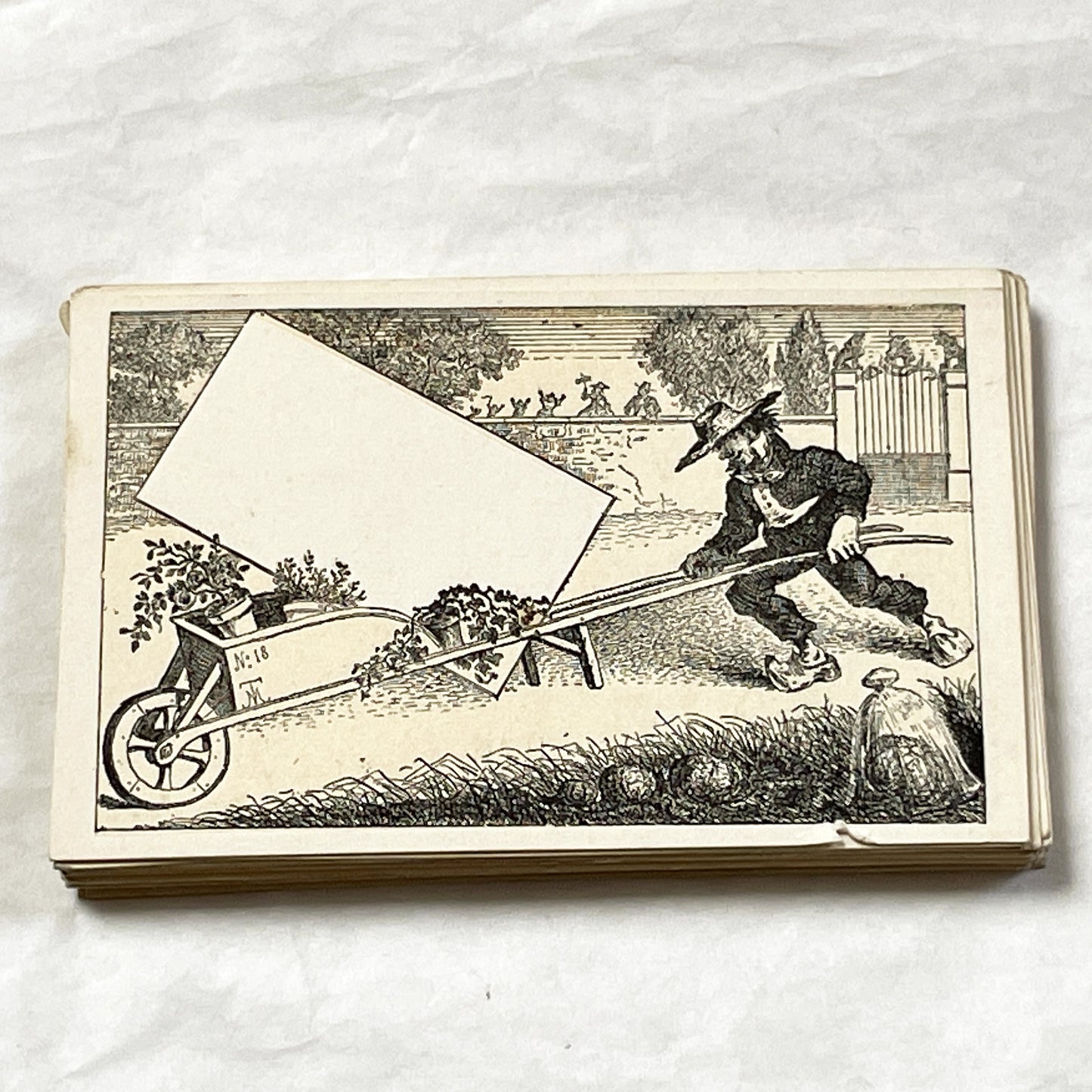 Late 19th - Antique Carte à Devise Fancy Card - Gardener with Wheelbarrow - Customizable Business Advertisement - Victorian Ephemera