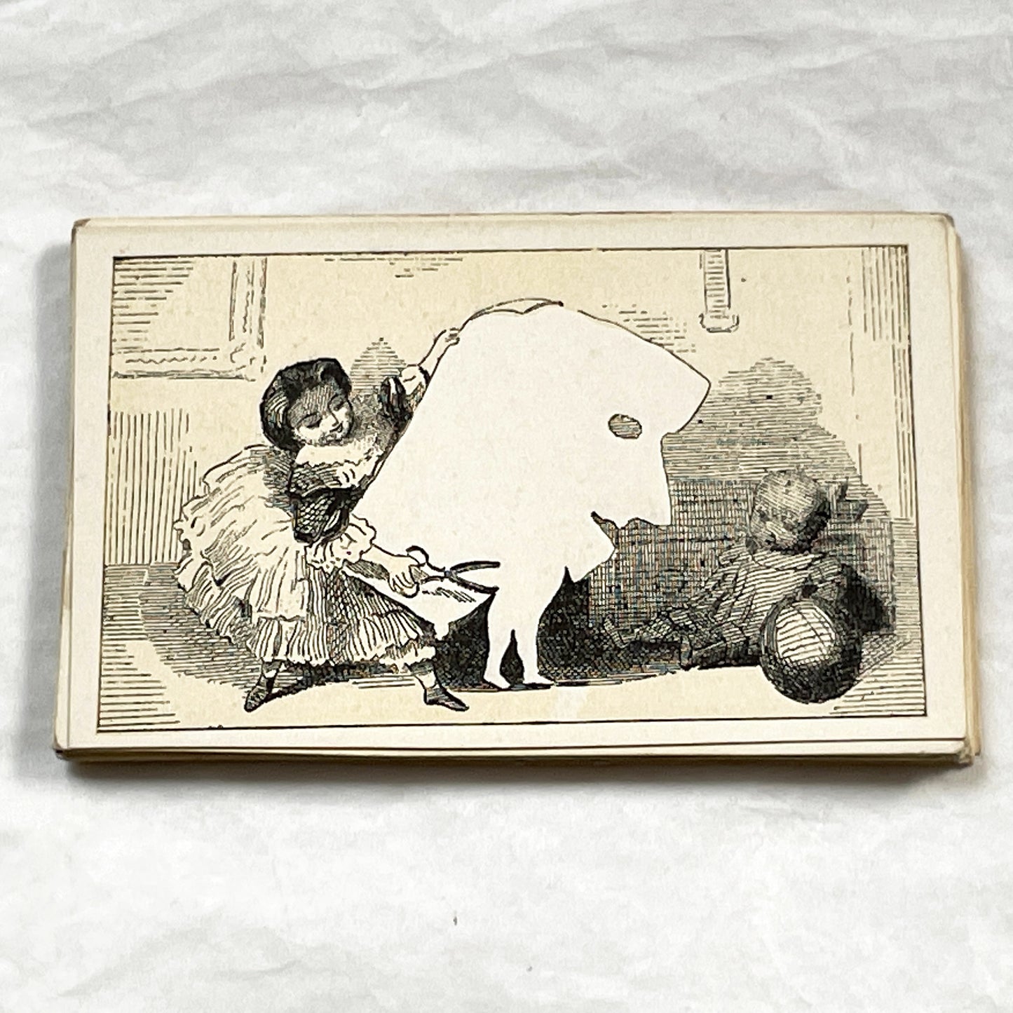 Late 19th - Antique Fancy Card with Customizable Space - Girl Cutting Silhouetted Figure - Vintage Ephemera - Advertising Card