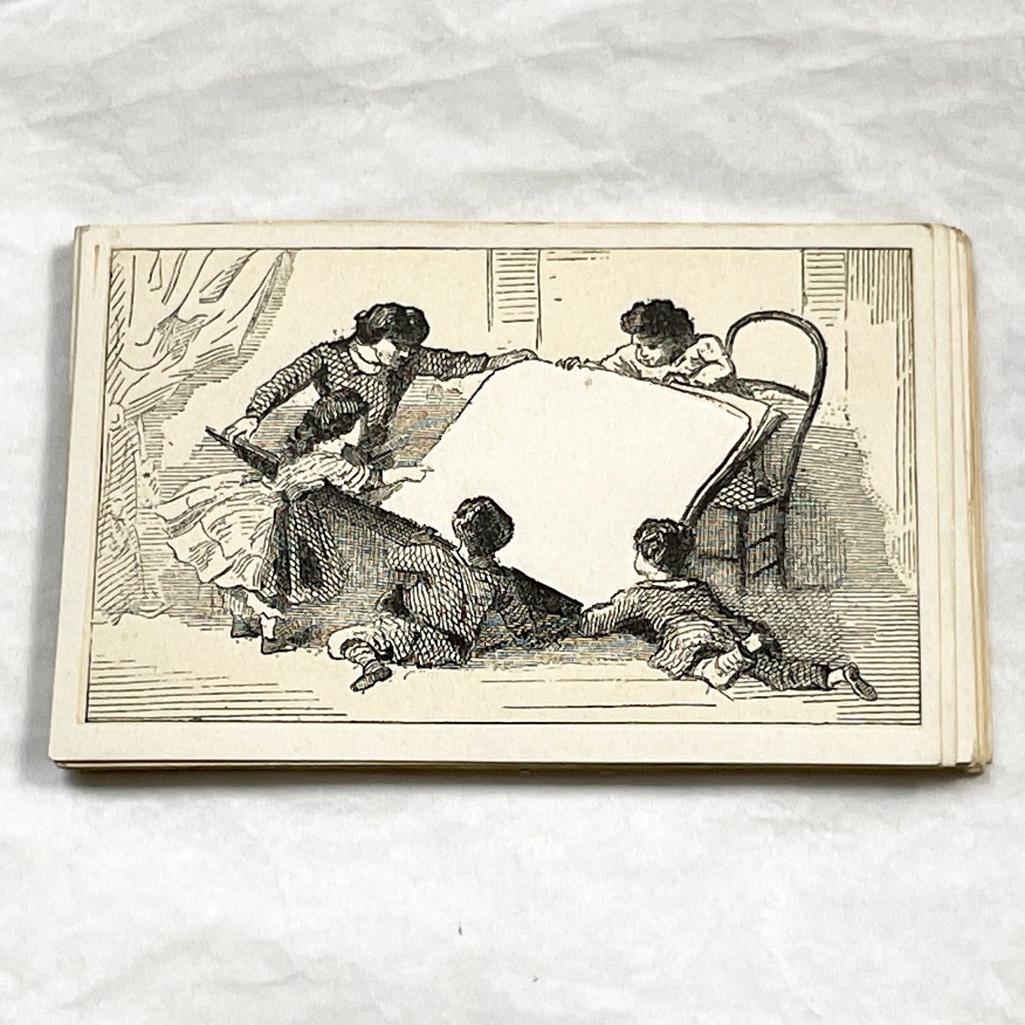 Late 19th - Antique Fancy Card - Victorian Era Motto Card - Unused Family Scene - Blank Space for Personalization - Collectible Ephemera