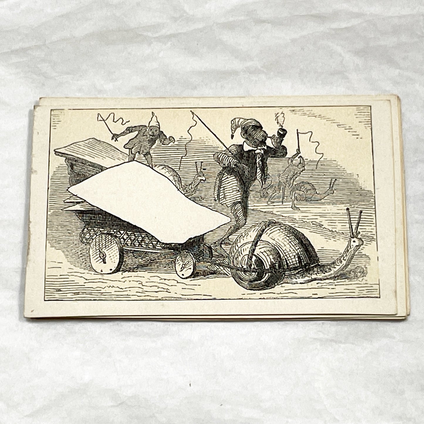 Late 19th - Humorous Fancy Card with Snail-Drawn Carriage - Whimsical Victorian Advertising Ephemera - Collectible Antique Art