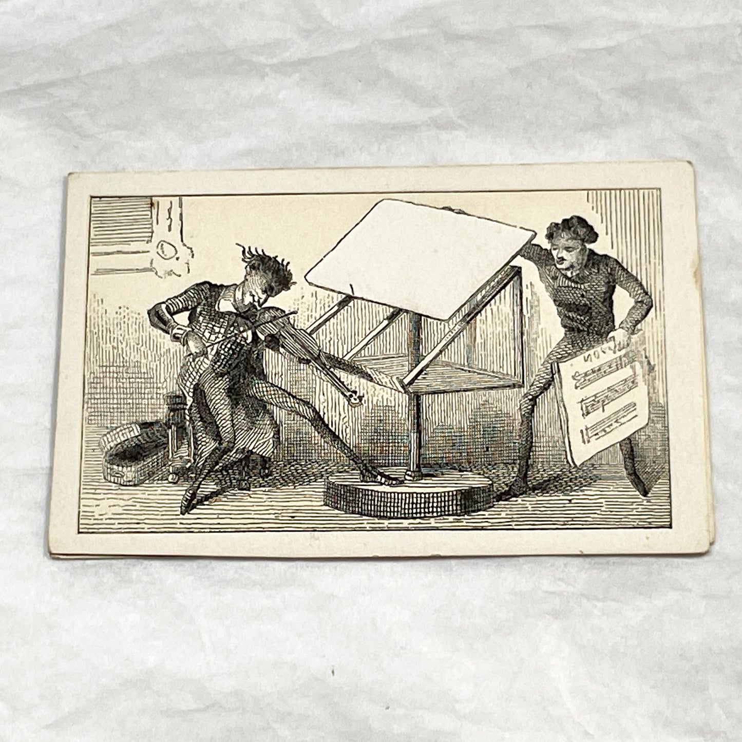 Late 19th - Humorous Musicians Trade Card - Vintage Advertising Motto Card with Blank Space - Victorian Era Fancy Card Collectible Print