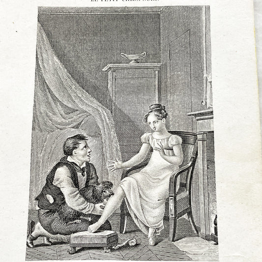 Early 19th - Captivating French Engraving depicting a domestic scene from 'Le Petit Chien Noir' - Antique Print - Literary Illustration