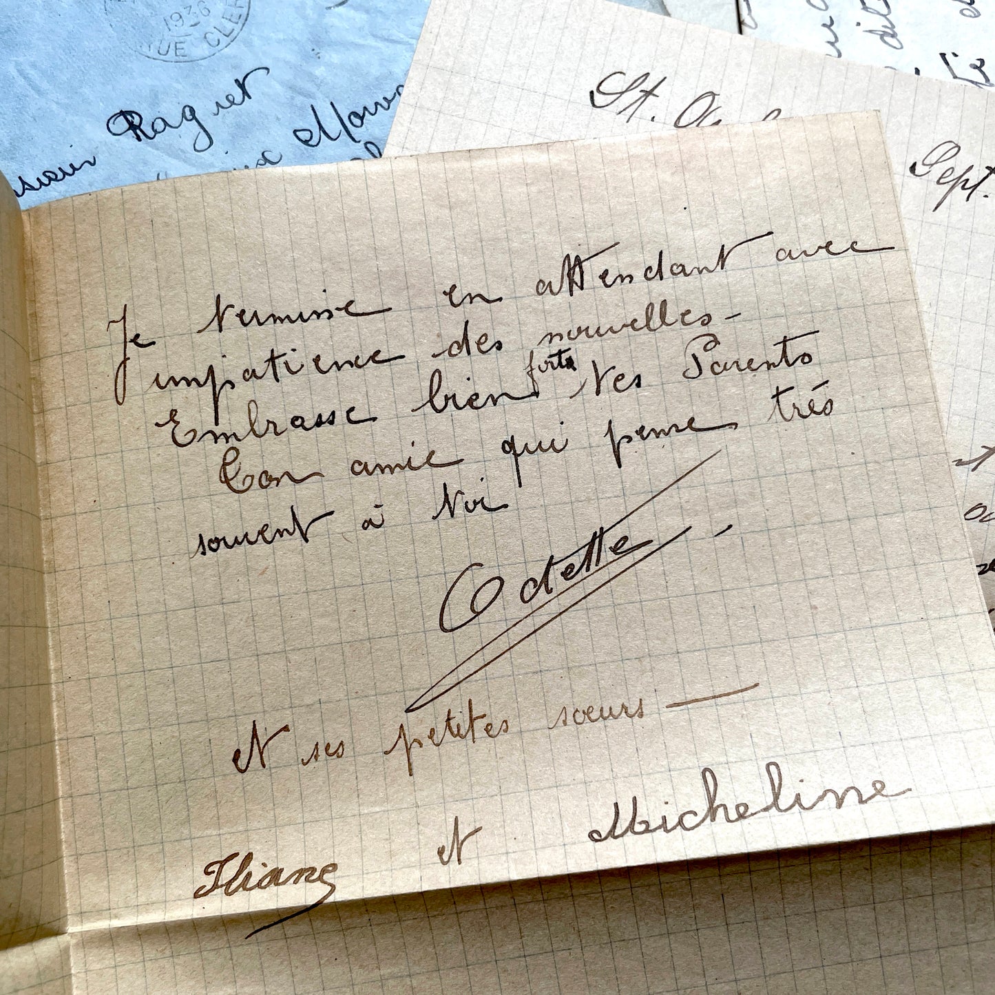1930s French vintage letter lot with handwritten script, original stamps, and historical postmarks.