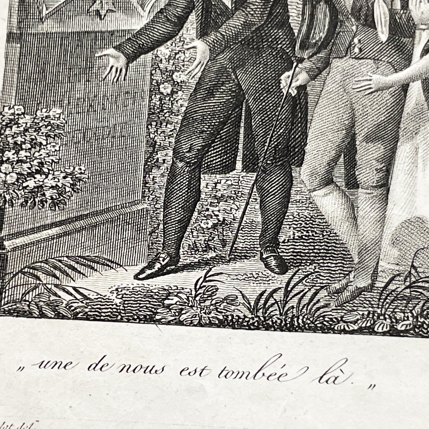 Early 19th - French Sentimental Engraving - Village Cemetery Scene - Historical Illustration of Love and Family Mourning