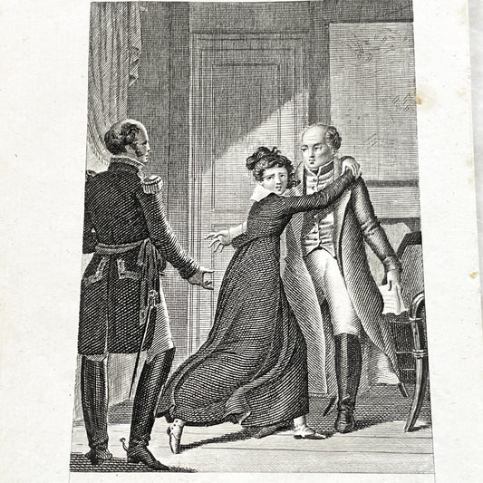 Early 19th - French Engraving - Dramatic Scene with Military Officer, Woman, and Man - Illustration by Chasselat