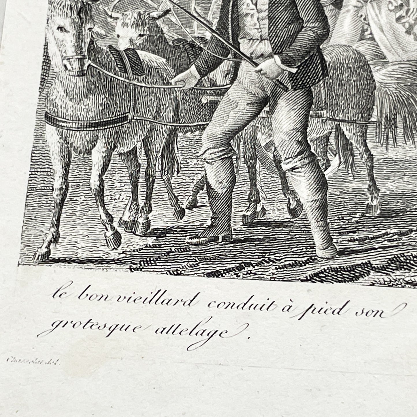 Early 19th - Antique French Print - Le Cabriolet Versé - Humorous Engraving - Rural Scene - Man Leading Donkey Cart - Passengers