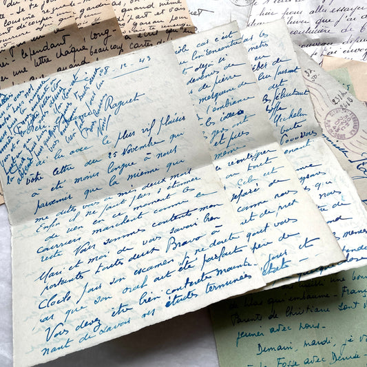 Lot of 1940s French handwritten letters with various paper types and postmarked envelopes visible.