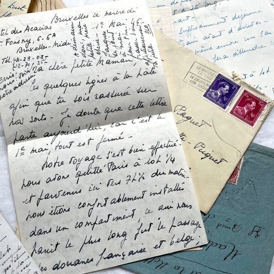 1940s French handwritten letters lot with vintage envelopes, stamps, and cursive script from Europe. Historic correspondence.