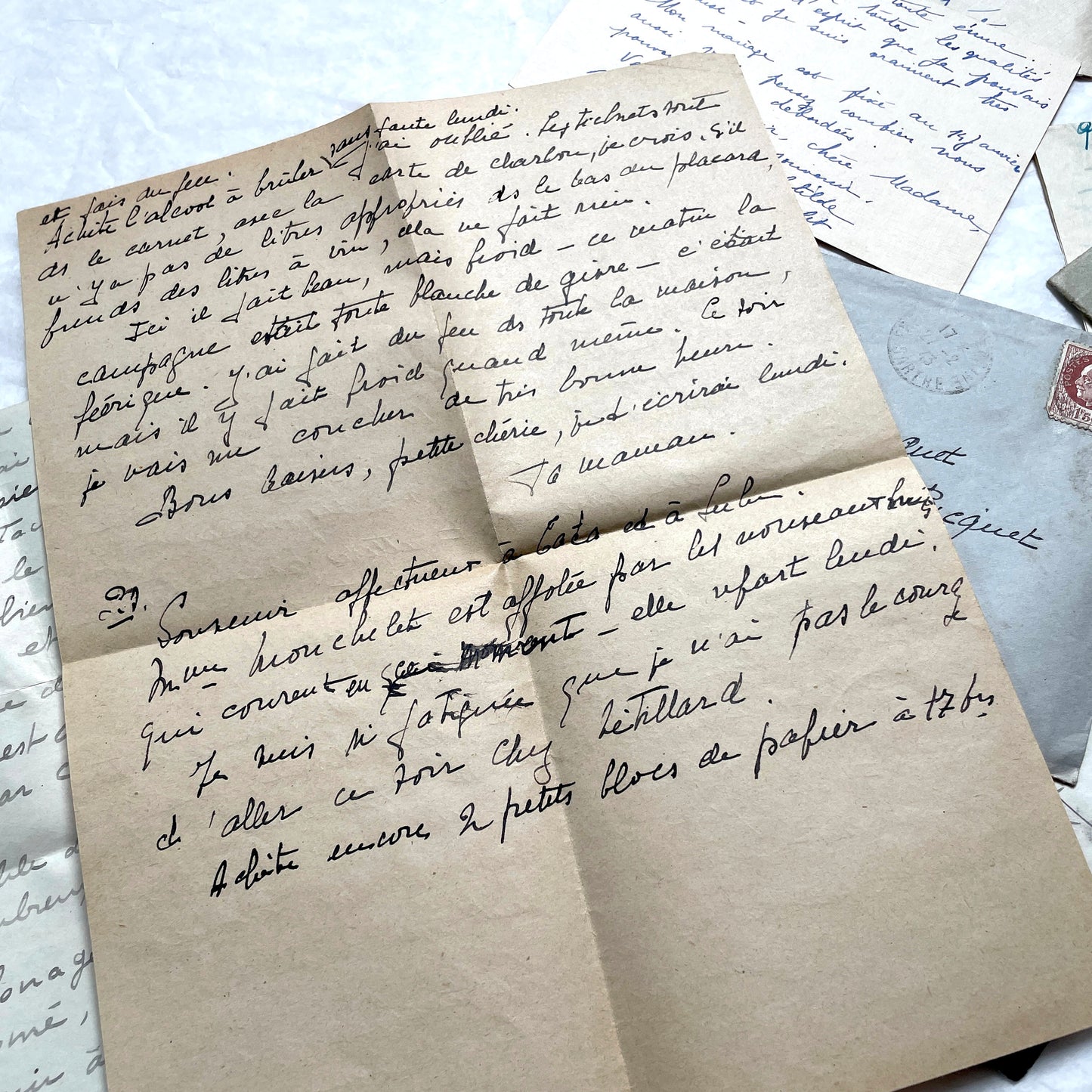 Lot of 1940s French handwritten letters with vintage stamps and postmarks, showcasing old European correspondence.
