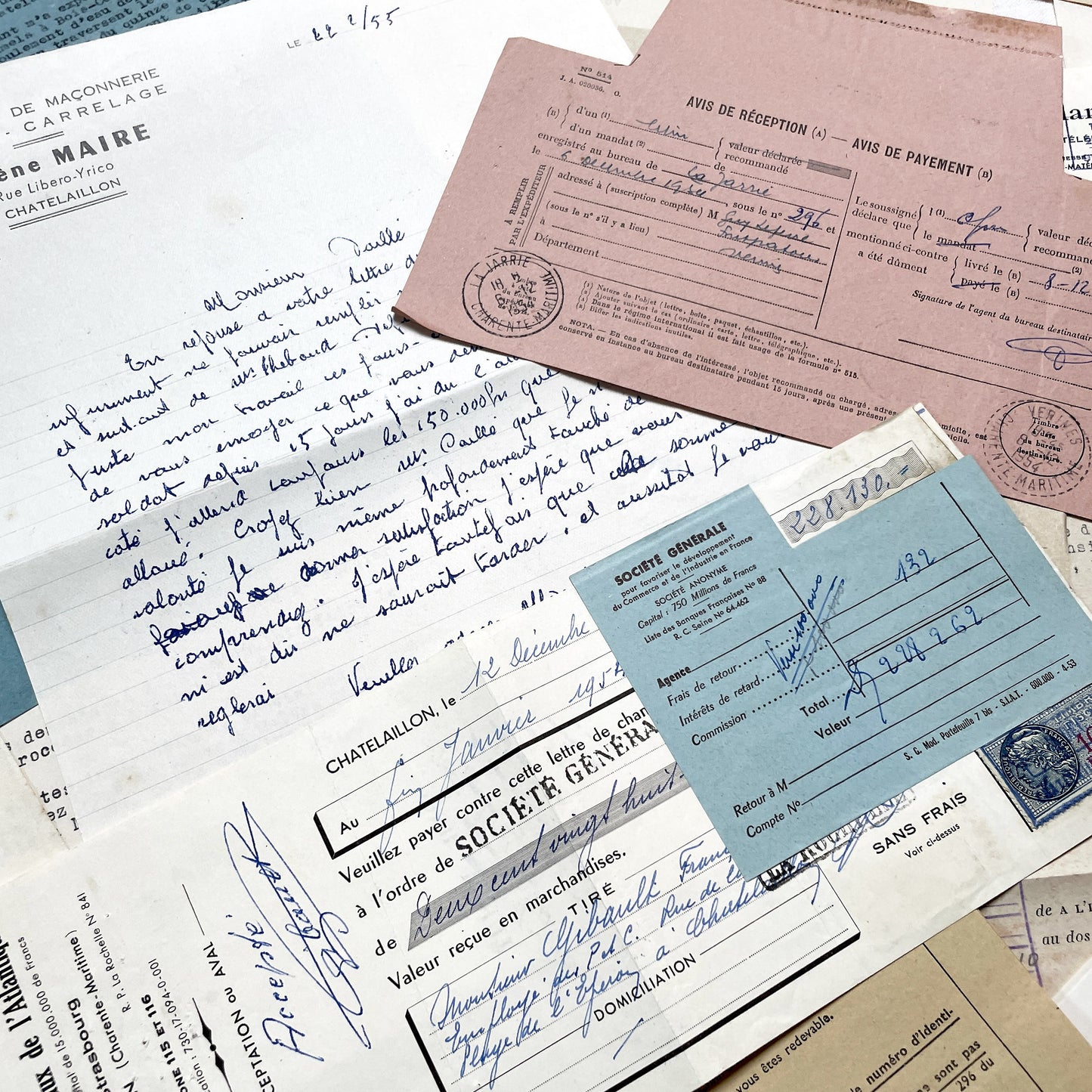 1950s - Vintage Ephemera Lot – French Letters, Invoices & Legal Documents from Notary Archive