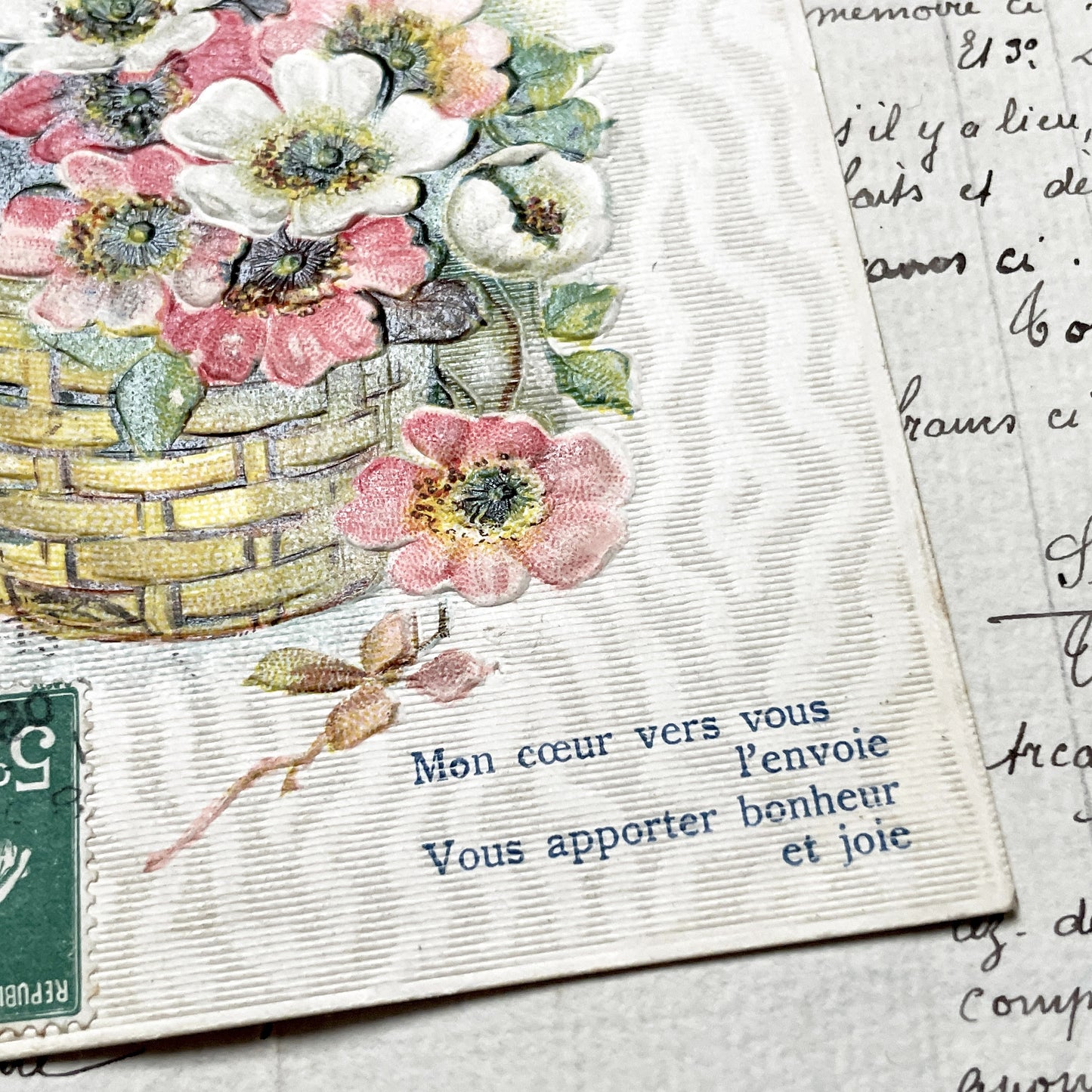1900s - Embossed Floral Basket Postcard - Die-Cut Glitter Fish Accents - French Sentiment - Vintage Ephemera - Antique Paper Art