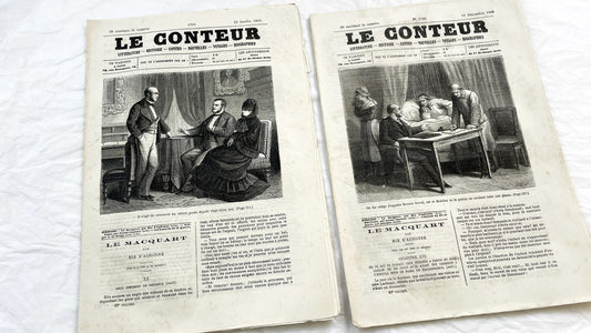 Late 19th - French Literary Newspaper Duo - Le Conteur Publications from 1880-1881 - Vintage French Periodical Set with Engravings