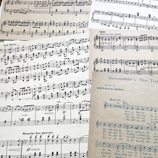 1930s - Vintage French Sheet Music Fragments from 1920s to 1940s - Antique Musical Ephemera for Art and Decor