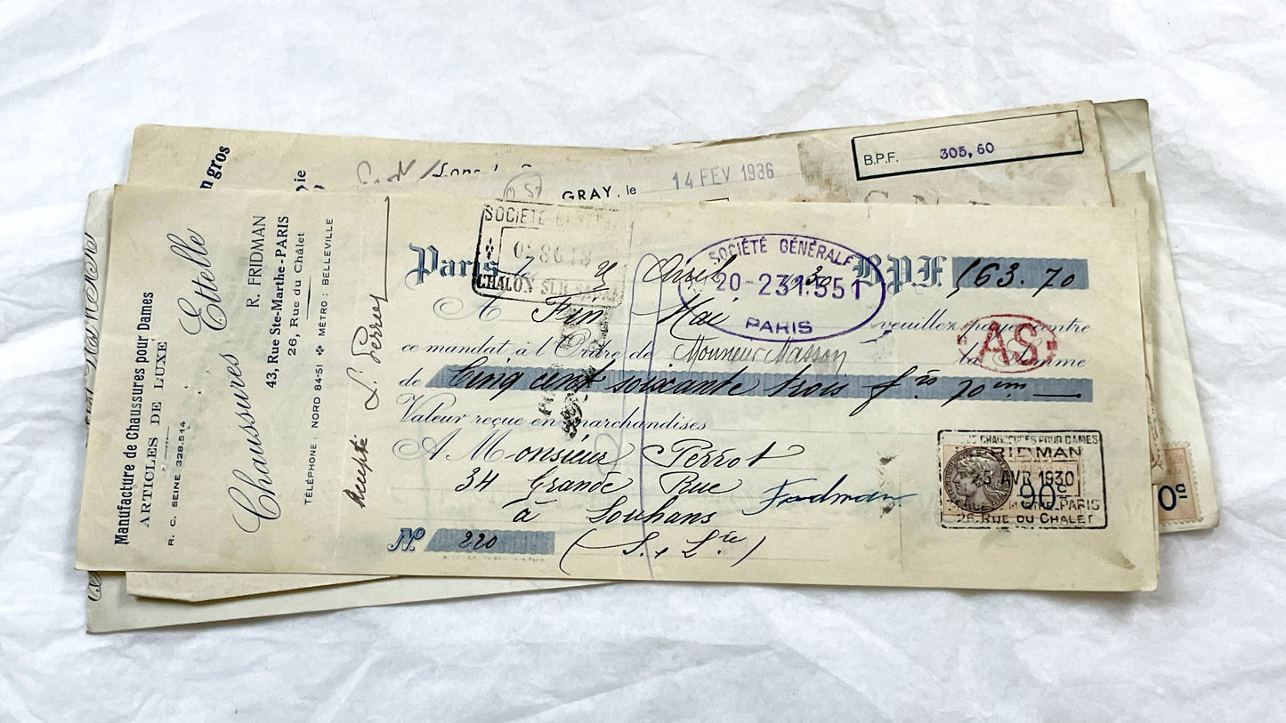 1930s - Lot of 6 Vintage French Bills of Exchange – Handwritten Commercial Documents with Stamps