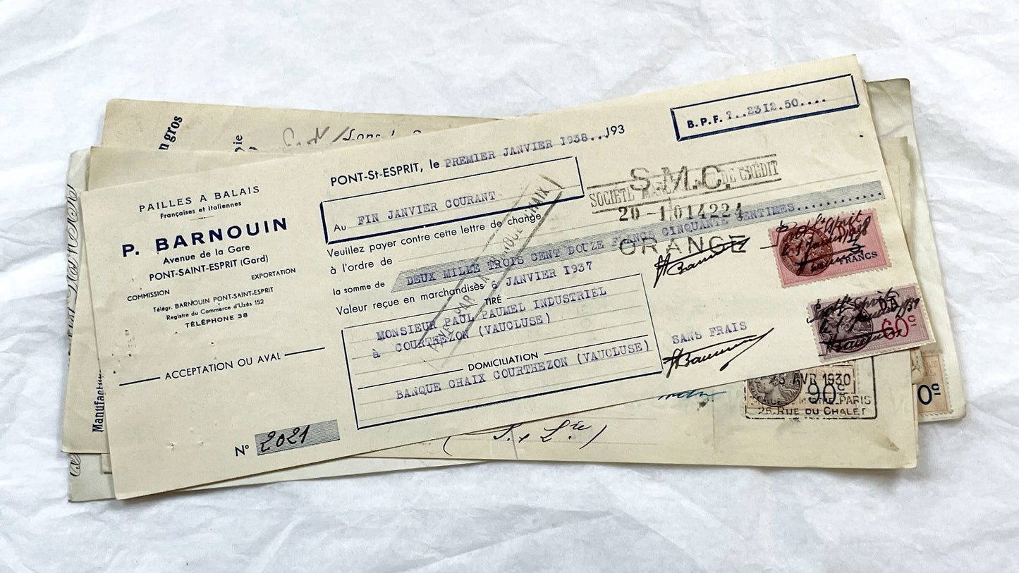 1930s - Lot of 6 Vintage French Bills of Exchange – Handwritten Commercial Documents with Stamps