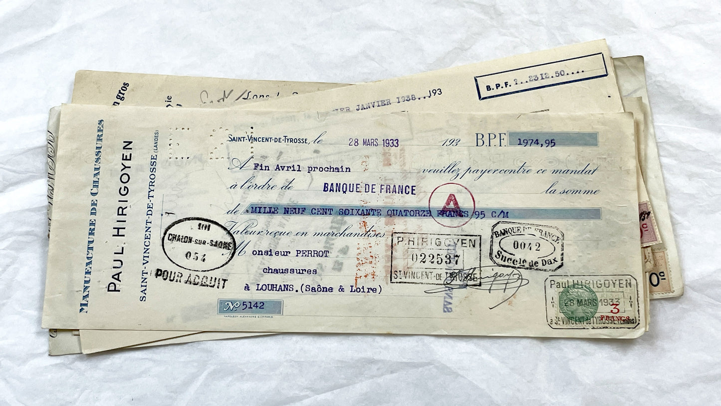 1930s - Lot of 6 Vintage French Bills of Exchange – Handwritten Commercial Documents with Stamps