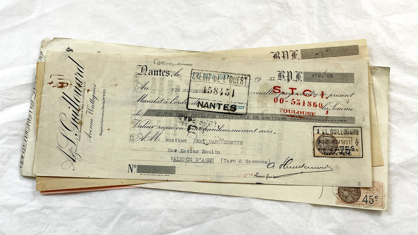 1930s - Lot of 6 Vintage French Bills of Exchange – Handwritten Commercial Documents with Stamps