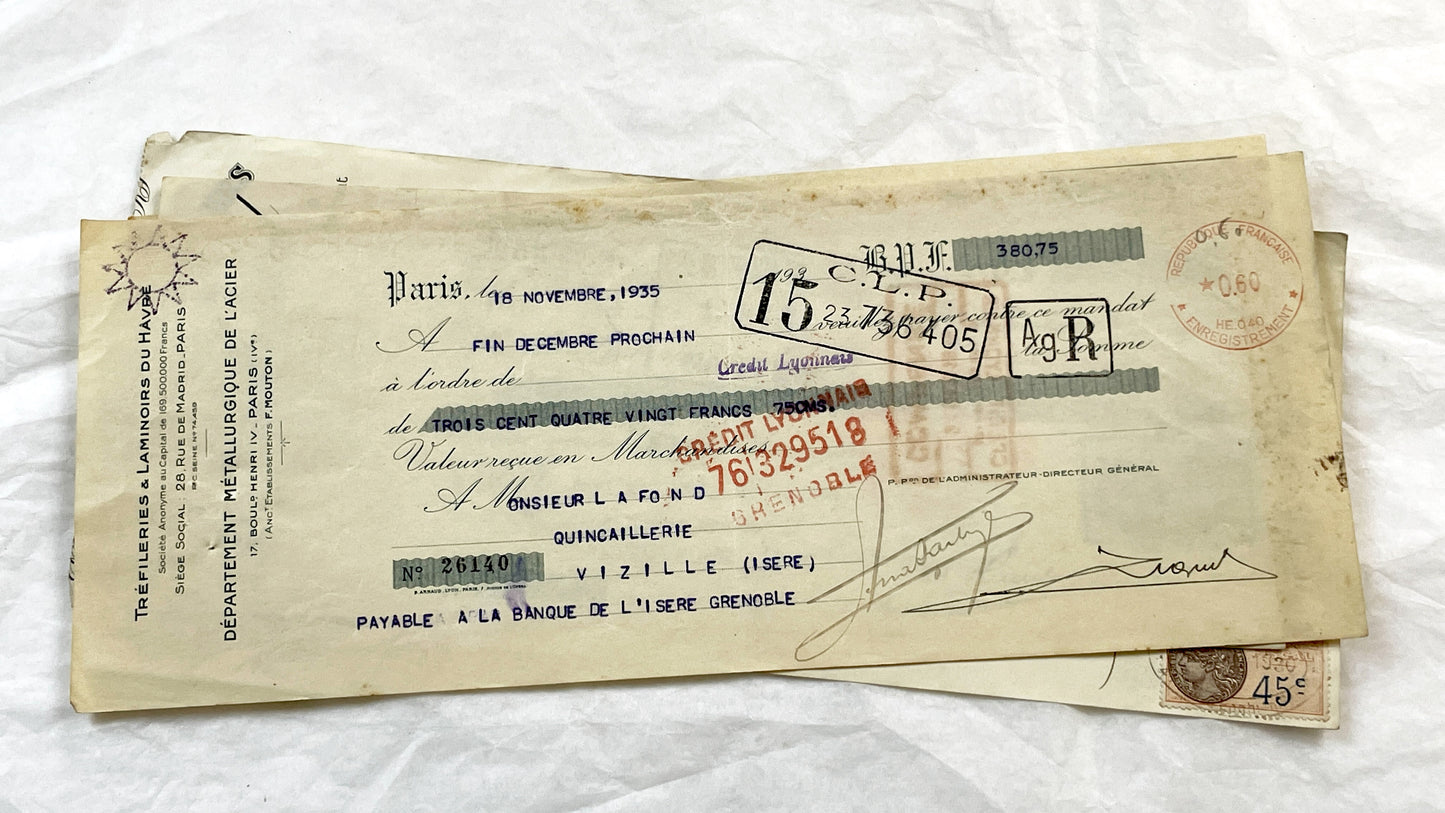 1930s - Lot of 6 Vintage French Bills of Exchange – Handwritten Commercial Documents with Stamps