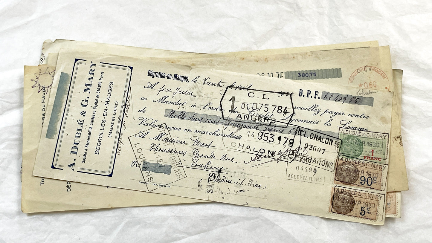 1930s - Lot of 6 Vintage French Bills of Exchange – Handwritten Commercial Documents with Stamps