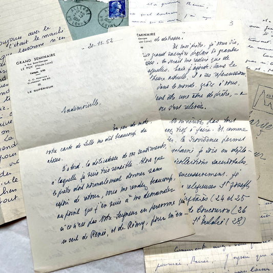 French 1950s handwritten letters and envelopes set with vintage stamps and clear postmarks, showcasing original correspondenc