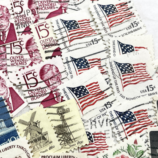 1970s - Lot of 50 Vintage U.S. Postage Stamps - American History & Presidents - Liberty Bell - Flowers & Flag Designs