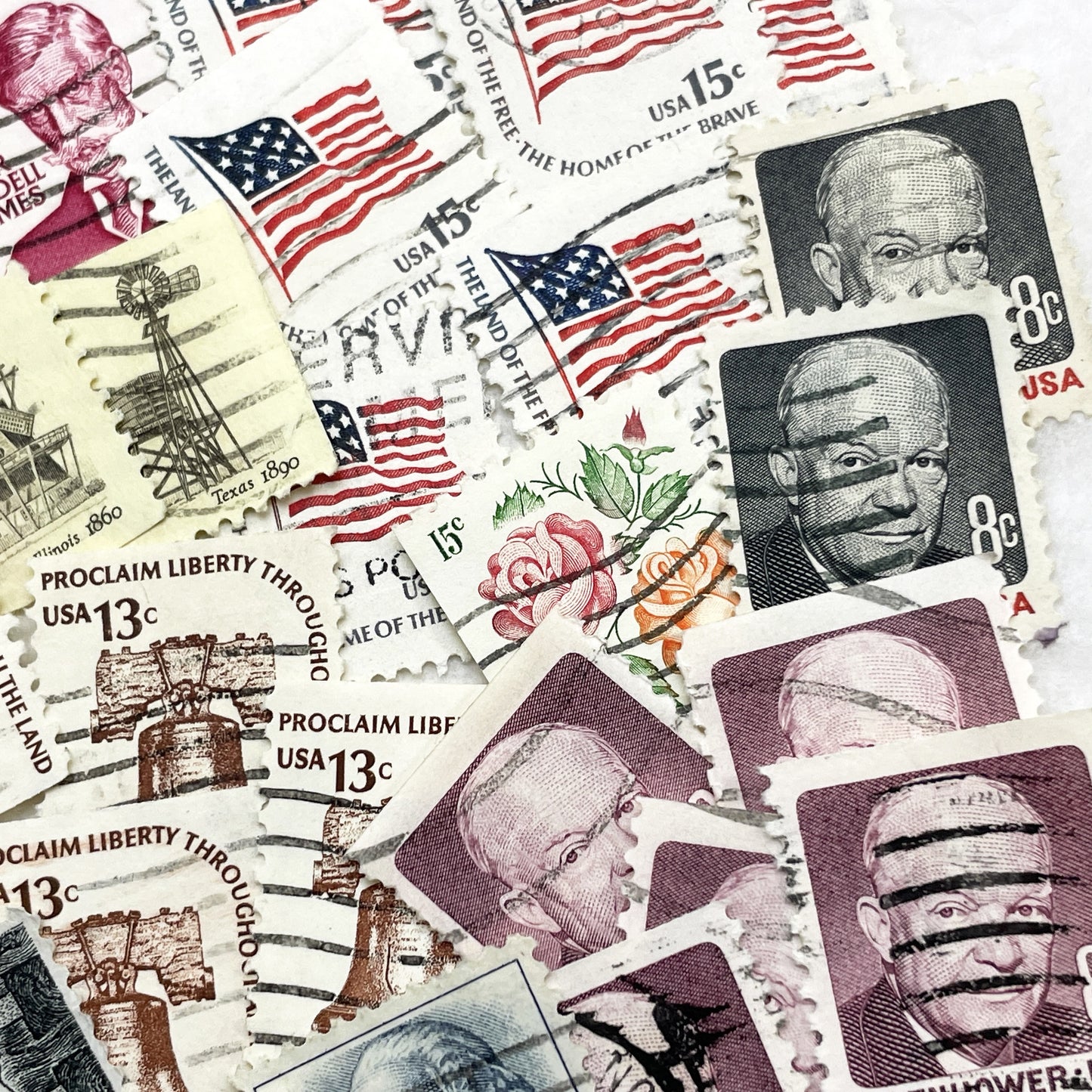 1970s - Lot of 50 Vintage U.S. Postage Stamps - American History & Presidents - Liberty Bell - Flowers & Flag Designs