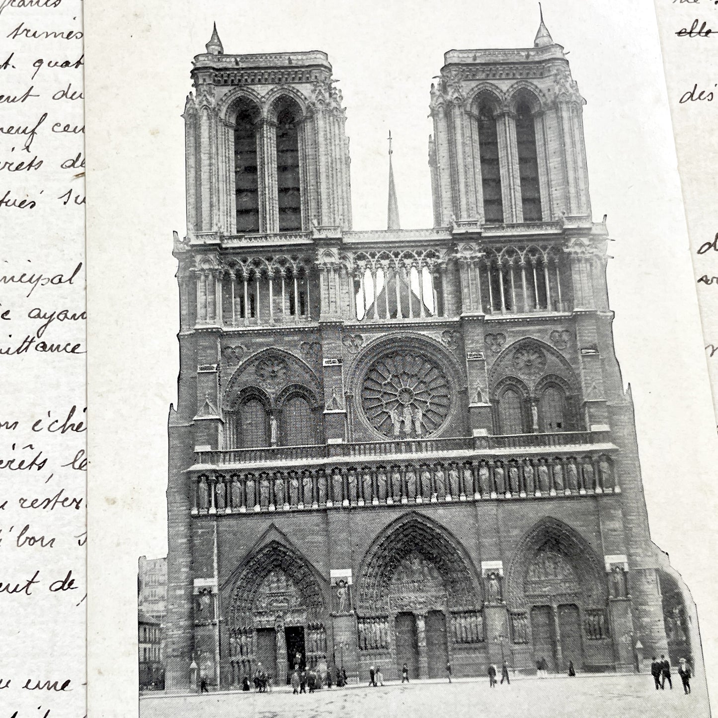 1900s - Antique Notre Dame Paris Postcard - Vintage French Handwritten Document - Historic Parisian Cathedral Ephemera