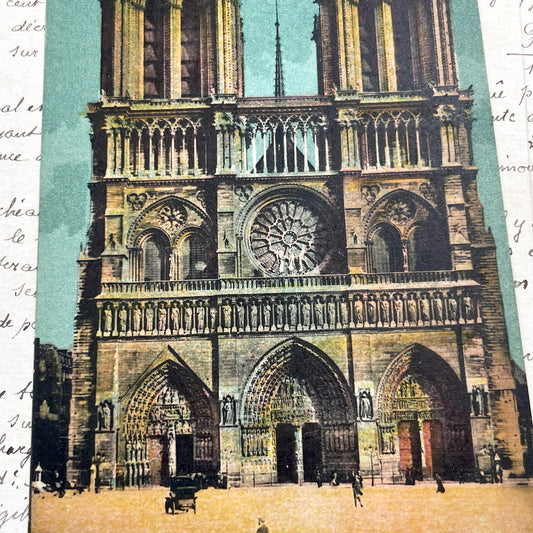 1910s - Vintage Notre-Dame Paris Postcard - Historic French Cathedral Facade - Gothic Architecture - Hand-Colored Chromolithograph Print