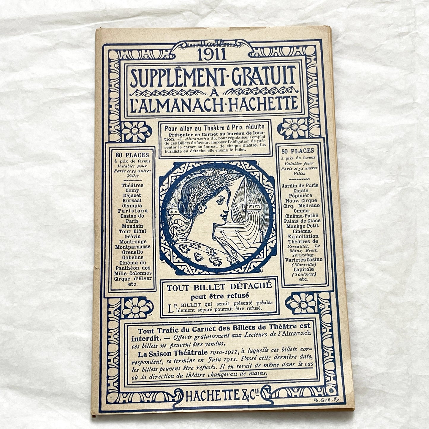 1910s - 42 pages Supplement to the Hachette Almanac – Theatre Ticket Booklet – Paris 1911