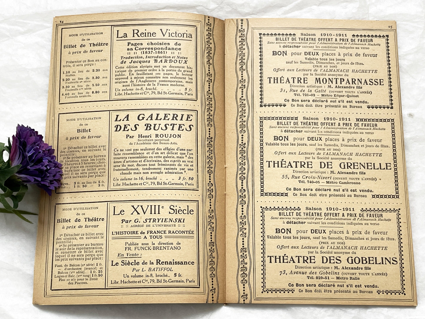 1910s - 42 pages Supplement to the Hachette Almanac – Theatre Ticket Booklet – Paris 1911