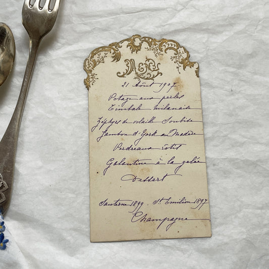 1900s - Elegant French Handwritten Menu Card - Gilded Antique Dinner Menu - Historic Gastronomy from 1907 - Vintage Memorabilia