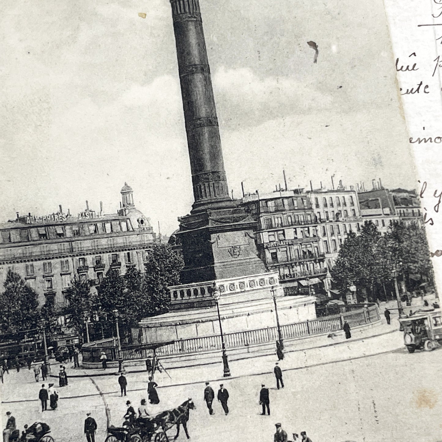 1910s - Vintage Paris Postcard - Place De La Bastille - July Column Genie De La Liberte Statue - Horse Drawn Carriages - French Memorabilia