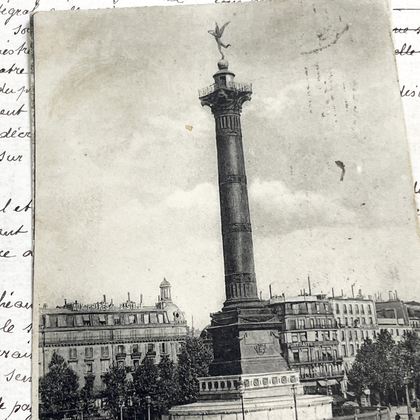 1910s - Vintage Paris Postcard - Place De La Bastille - July Column Genie De La Liberte Statue - Horse Drawn Carriages - French Memorabilia